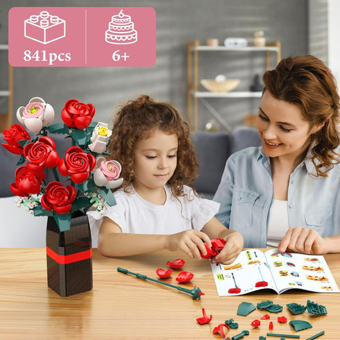 MONOFUN 841Pcs Set Flowers Bouquet Building Block, Roses Building with Vase, Home Office Creative Decoration, Valentine