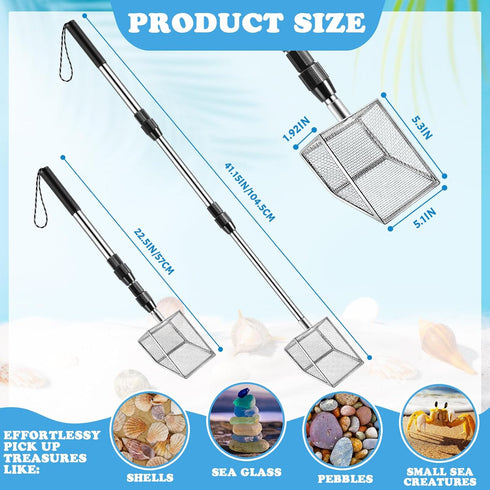 Niuyhe 2 Ps Shell Scooper for Beach, Shark Tooth Sifter with Stainless Steel Adjustable Long Handle, Sand Sifter