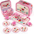 D-FantiX Kids Tea Set for Little Girls, 15Pcs Pink Tin Tea Party