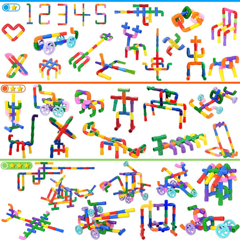 FUBAODA STEM Learning Pipe Tube Toys, 96 Pcs Multicolor Building Blocks Set with Wheels, Spouts & Joints for Kids Ages