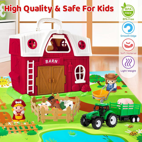 1 2 3 Set 1-3, Farm Animal Toys for Year Old Toddlers, Big Red Barn with Farm Mat & Animals & Tractor Toy for Boys