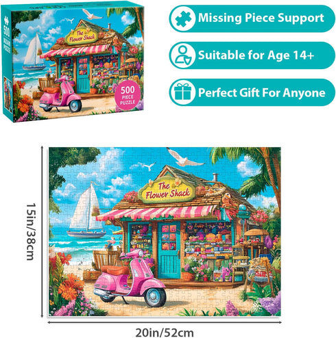 BraniacBits 500 500 20.5 15 inch Pieces Puzzle for Adults, Beach House Flower Puzzle, Recycled Cardboard Jigsaw Puzzles