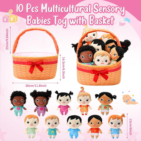 HyDren Basket Plush Baby Dolls, Set of 10 Soft Diversity Dolls 6'' Multicultural Sensory Toys for All Ages