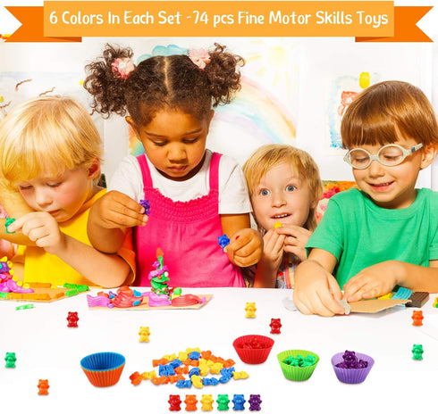 74 Pieces Counting Sorting Bears Set, Sensory Bin Tools with 60 Rainbow Sorting Bears, Tweezers, Scissors Clips,