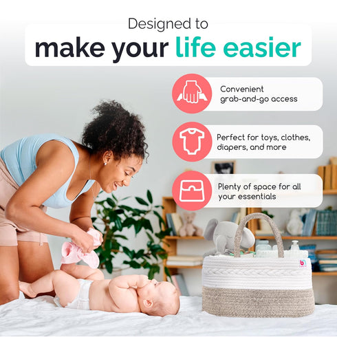 Rope Diaper Caddy - Storage for Baby and Toddler Items - Portable Cotton Organizer Easily Holds Diapers, Wipes