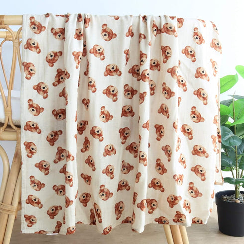 LifeTree Muslin Baby Swaddle Blankets, Large 47" x 47", Boys Girls Swaddling Wrap for Newborn, Bear Head Pattern