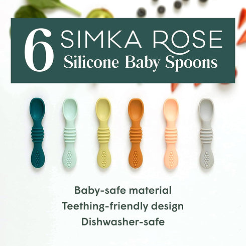 (6 Pack)- 6 Simka Rose Silicone Baby Spoons Self Feeding First Stage Infant Spoons for Babies & Toddlers- Baby Led