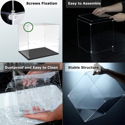 8x8x12 inch 3mm Acrylic Display Case - Thick Acrylic Display Box with Black Wooden Base, Assemble Dustproof Showcase
