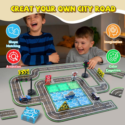 Set Pullback Set 3-5 4-8 5-7,Preschool Magnetic Tiles Road with Car & Magnet Ship,Traffic Themed Magnetic Building