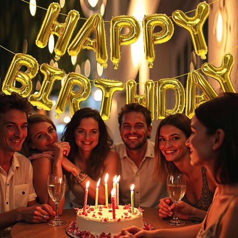 Gold Happy Birthday Balloons Banner, 16 Inch Mylar Foil Letters Sign, Reusable Balloons for Birthday Decorations Party