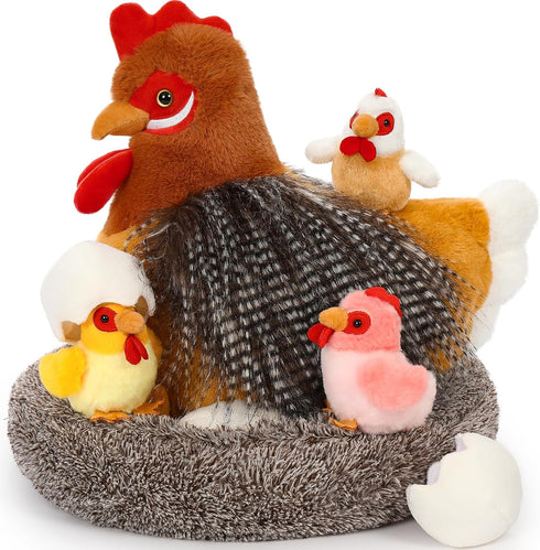 Egg Laying Hen Chicken Stuffed Animal Plush Toys, Stuffed Chicken with Baby Chicks and Coop, Kids Chicken Toys for