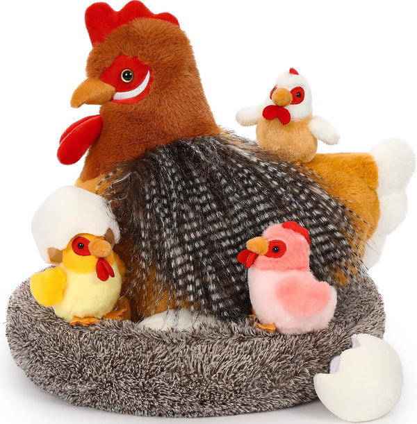 Egg Laying Hen Chicken Stuffed Animal Plush Toys, Stuffed Chicken with Baby Chicks and Coop, Kids Chicken Toys for