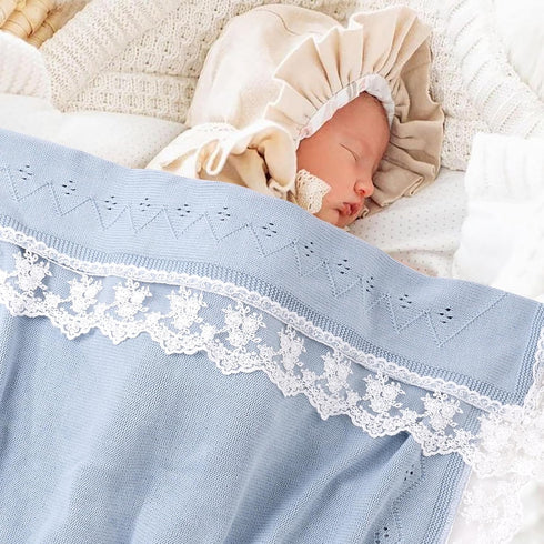 Booulfi Baby Blankets Neutral Knitted Blue Cotton Blue Baby Blanket Stroller Lace Border Crochet Winter Crib Baby
