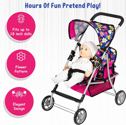 Set fash n kolor Twin Baby Doll Stroller - Pretend Play Baby Stroller for Dolls - Toy Stroller with Storage Basket