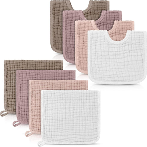 8 Pack Baby Burp Cloth Muslin Sets - Unisex Bibs, Absorbent Soft Cotton Burp Rags