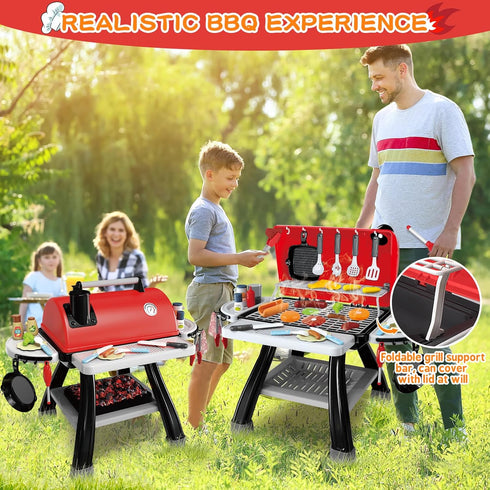 Kids BBQ Grill Kitchen Playset - 2-Layer Barbecue Outdoor Play Grill Toy with Smoke, Sound & Light for Toddler Boys
