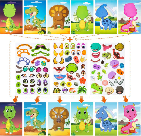 Make a Face Sticker Set for Kids, 42 Sheets with 12 Animals and 6 Dinosaur Stickers, Party Favor Supplies