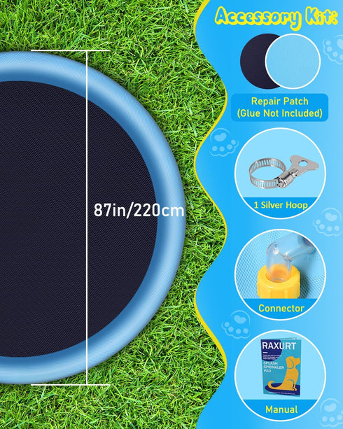 Raxurt Dog Splash Pad, 87in Anti-Slip Pool for Dogs and Kids, Durable Bath Pool Pet Summer Outdoor Water Toys, Blue