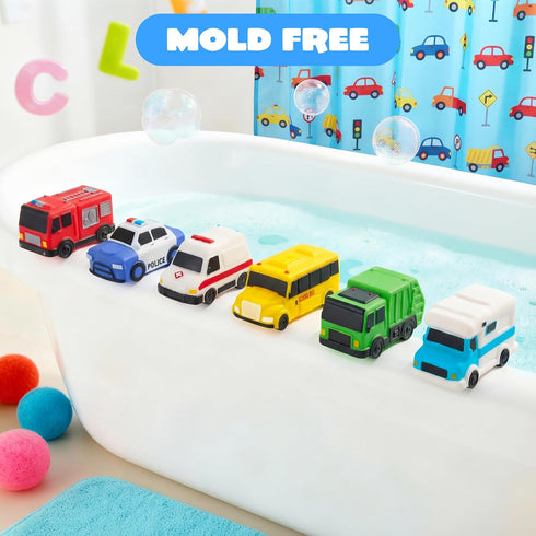 6 JOYIN Pcs Car Bath Toys, No-Hole Sealed Bathtub Toys for Kids, Soft & Non-Toxic Water Vehicles, Squeezable & Floating