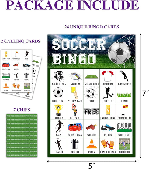 Soccer Party Bingo Game Cards for Adults, 24 Players Bingo Game, Sports Party Favors and Supplies Decorations