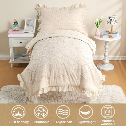 Set 4-Piece Set Set Toddler Bedding for Girls Beige Boho Tufted Toddler Comforter Jacquard Tufts Ruffle Fringe