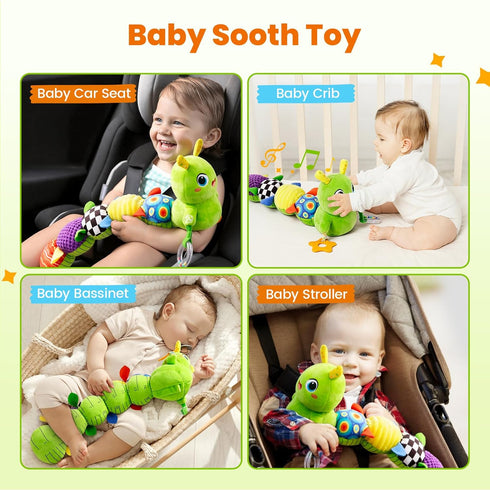 0-12 10 Tummy gogonova Baby Musical Caterpillar Toy Months, Washable Teething Rattle with Kids Songs, Infant Time Toy