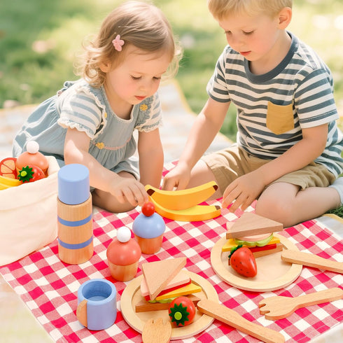 Set, 32 Playset 3+ PairPear Wooden Play Food Pcs Pretend Play Kitchen & Picnic with Carry Bag, Play Kitchen Accessories