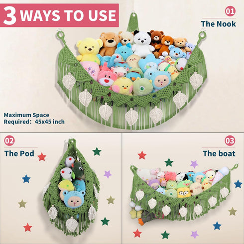 Hammock 56'' Hammock, Stuffed Animal Corner, Large Boho Leaf Macrame Wall Mount Toy Hanging Net Organizer for Teddy