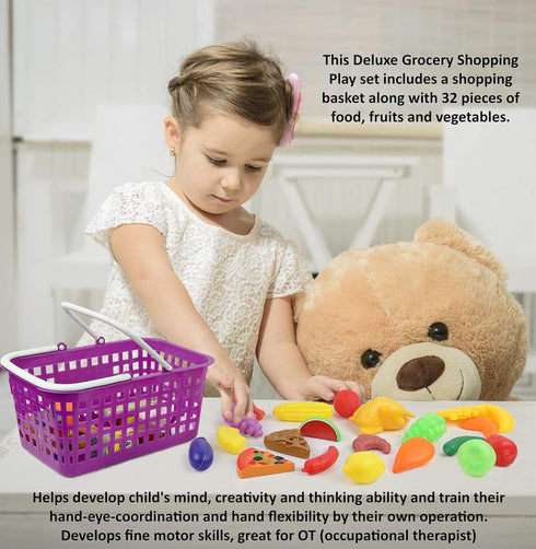 Click N' Play Grocery Cart & Pretend Food Set for Kids, 32pcs Plastic Fruits & Vegetables + Shopping Cart