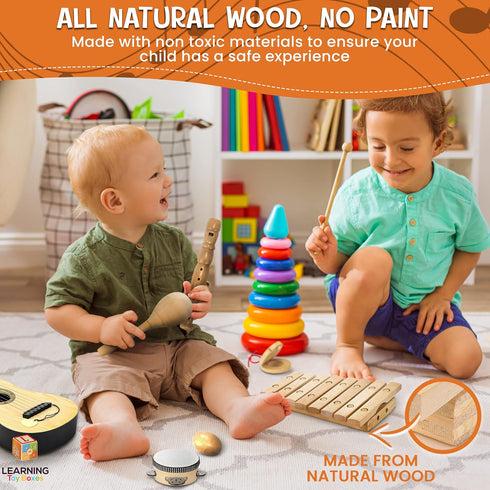 7-Piece Set 3+ Wooden Musical Instruments for Toddlers Kids Music with Xylophone, Guitar & Percussion | Natural Wood