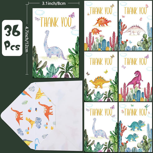 72 Pcs Dinosaur Thank You Cards, Includes 36 Pieces Envelopes and 36 Pieces Cactus Dino Blank Notes for Kids Birthday