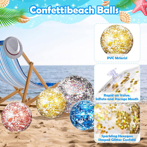 Lewtemi 12 Pcs Inflatable Glitter Beach Balls, Clear Confetti Jumbo Pool Toys for Outdoor Party Decorations