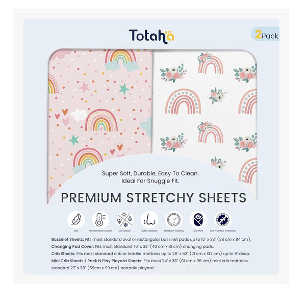 TotAha Pink Rainbow Crib Sheets Girl - Hypoallergenic, Silky Comfort, Buttery Soft,