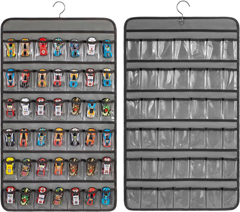 Toy Cars Wheels Storage Holder, Dual Sided Hanging Organizer Display Case for Matchbox Cars with 84 Clear Pockets (Grey)