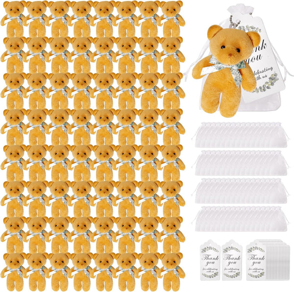 64 Sets Baby Shower Tiny Plush Bears 4.72 Inch Bulk Party Favors with Thank You Tags & Mesh Bags (Brown)