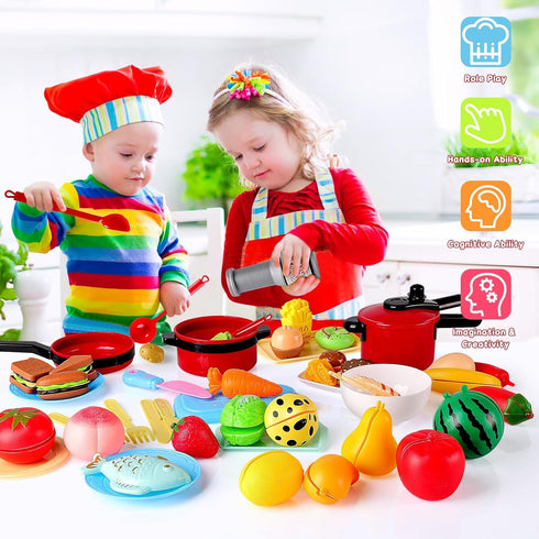 FunMission 134 Playset Pcs Toy Kitchen Accessories, Toddler Pretend Cooking Toys with BBQ Grill, Pressure Cooker