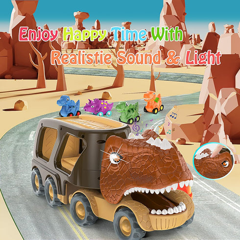2 3 4 5 4 Pack 18+ Veslier Dinosaur Car Toy for Years Old Boys, Friction Power Carrier Truck with Small Pull Back Dino