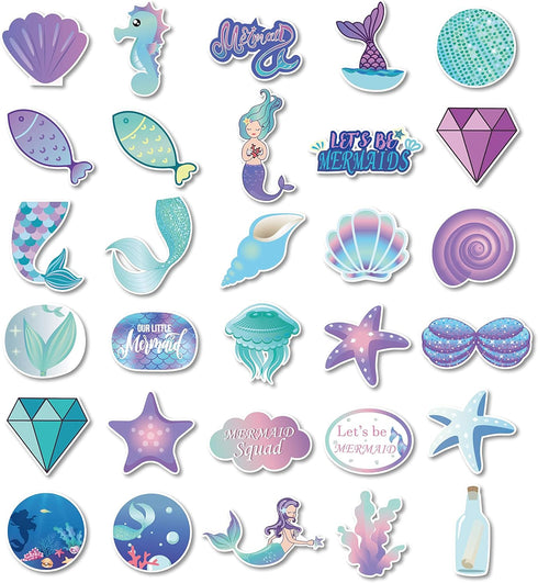 Mermaid Stickers (60pcs) for Laptop, Skateboard, Notebooks, Waterproof PVC for Kids and Adults