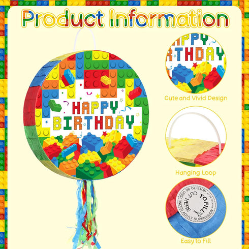 Building Blocks Piñata Set, Happy Birthday Block Party Supplies, Fiesta Piñata Bundle with Blindfold, Bat Stick,