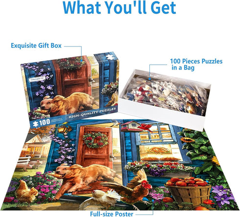 100 Piece Puzzles for Kids - Funny Dog Puzzle, The Great Escape Puzzles for Adults, A Running Dog