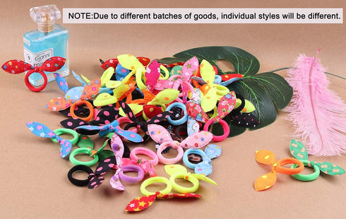50pcs Children Hair Ties + 200pcs Rubber Bands, Cute Toddler Rabbit Ear Hair Ties, Seamless No Crease Ponytail Holders