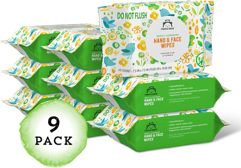 180 Count (9 Packs 20) Amazon Brand - Mama Bear Baby Hand & Face Wipes, Unscented, Fragrance Free, Cleansing