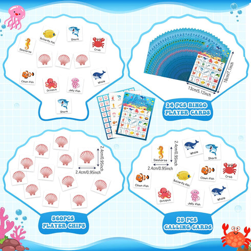Liliful Ocean Animal Bingo Game Cards for Kids 24 Sea Bingo Cards Ocean Theme Bingo Game for Under The Sea Party Favors Supplies Children Party Card Games School Classroom Games