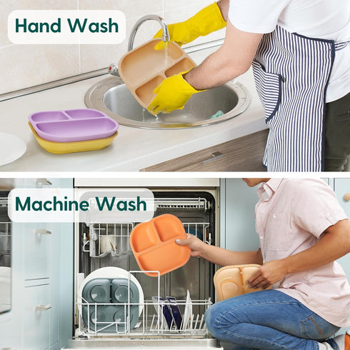 BABELIO Powerful Suction Plates for Baby and Toddler, 3 Pack, 100% Food Grade Silicone Divided Plates, BPA Free