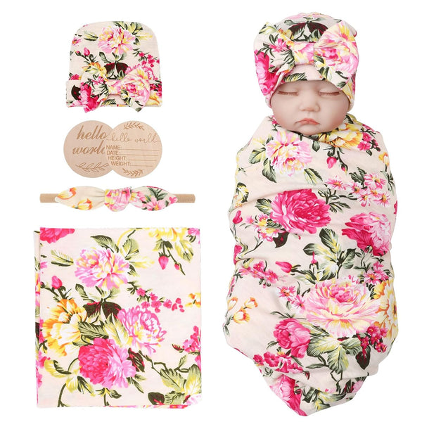 Newborn Baby Receiving Blankets with Bow Hat Headband, Wooden Birth Card Set, Toddler Gift