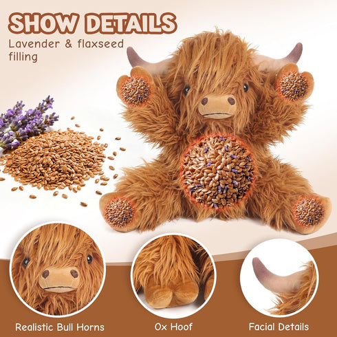 Highland Cow Stuffed Animals, Microwavable & Weighted Stuffed Animal, Highland Cow Plush for Warmth Comfort, Heatable