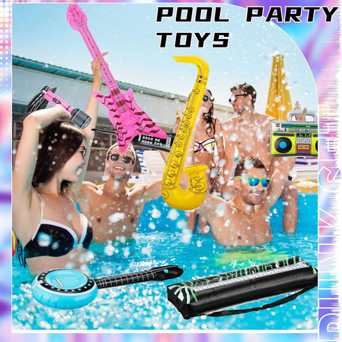 12 Pieces Inflatable Instruments Party Props Set, Rock Star Toy Blow Up Guitars, Saxophone, Bass, Microphones for 80s