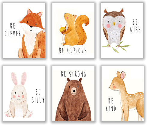 Set of 6 Baby Animal Nursery Wall Art Prints, Cute Inspirational Decor for Kids Room, Playroom, Unframed 8x10