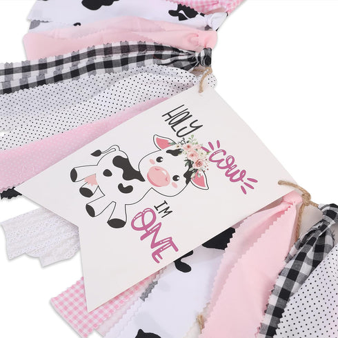 1st Holy Cow I'm One Birthday High Chair Banner, Farm Themed, Pink, Adjustable Size