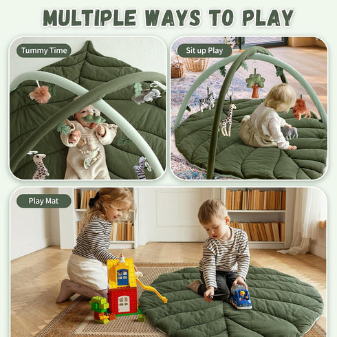 5 Tummy Baby Play Gym with Mat Leaf Shaped, Baby Play Mat with Hanging Toys Time Mat, Baby Gym Activity Center